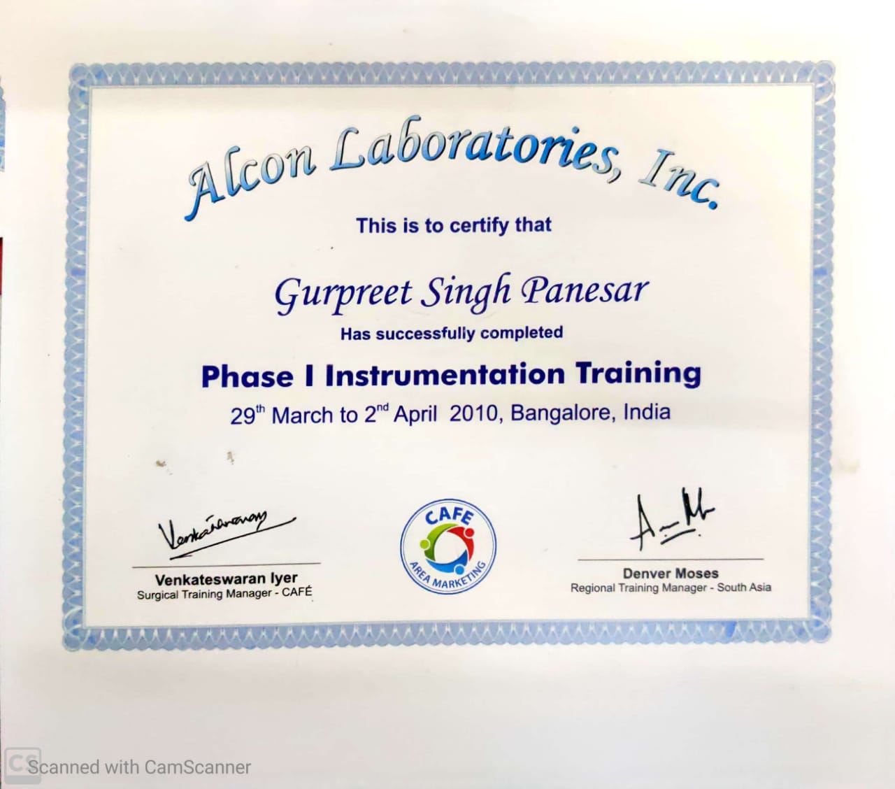 Alcon Machine instrumentation training certificate