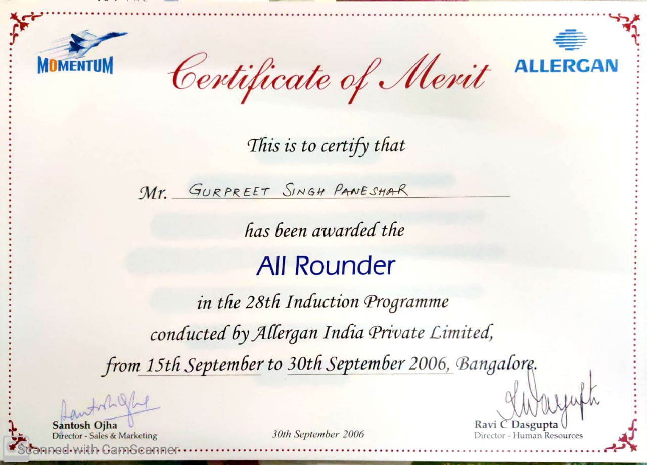 Allergan Induction and product training certificate