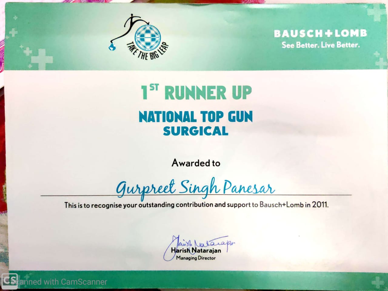 Bausch and Lomb national sales achievement certificate