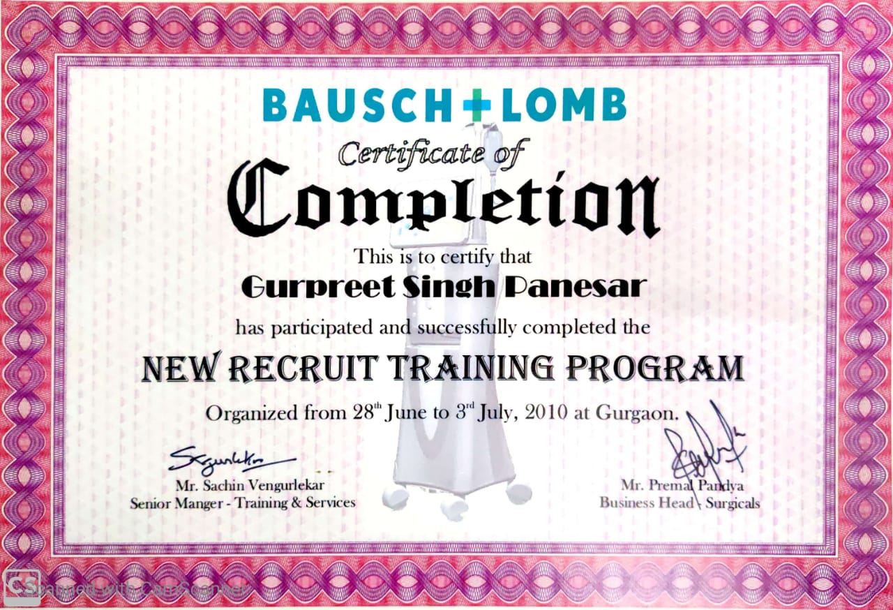 Bausch and Lomb sales training certificate